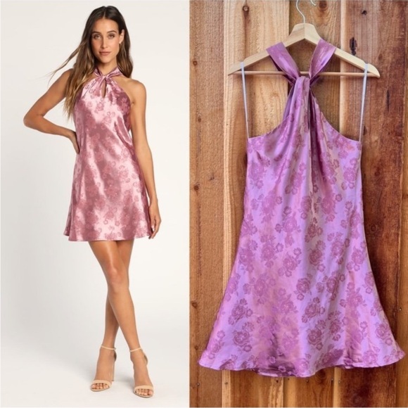 Mauve Pink Satin Floral Jacquard Halter Mini Slip Dress 🌿 - Picture 1 of 9